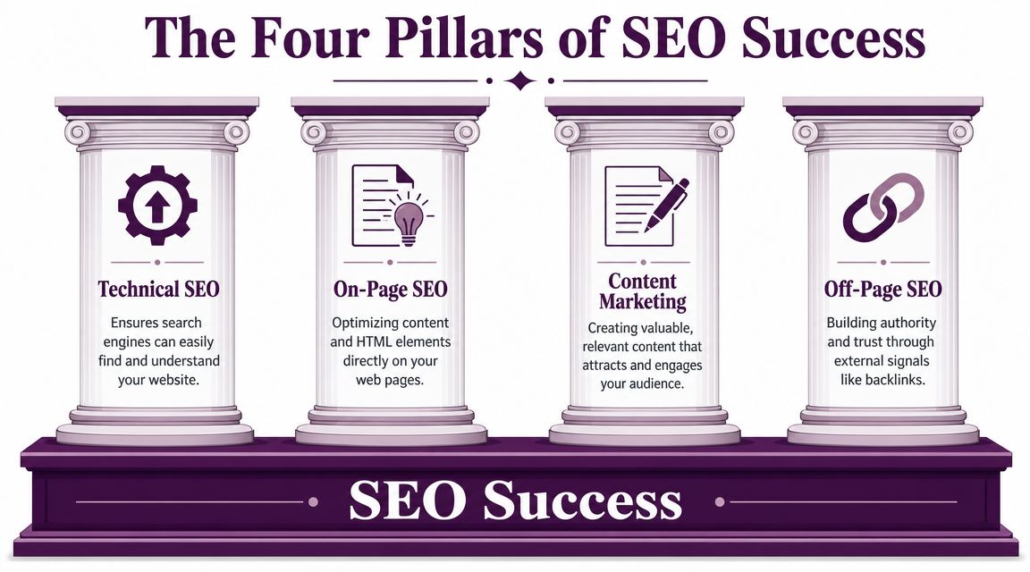 An infographic showing the four pillars of SEO success: Technical SEO, On-Page SEO, Content Marketing, and Off-Page SEO.