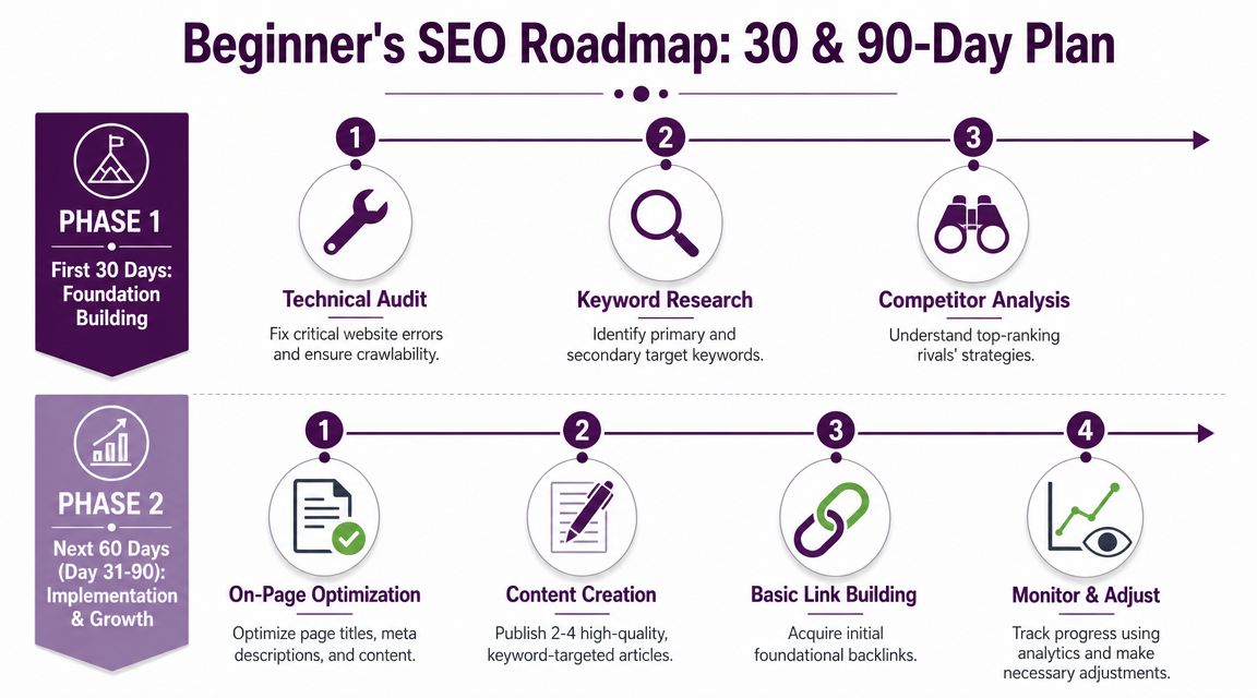 A visual roadmap outlining a two-phase SEO plan for beginners over 30 and 90 days.