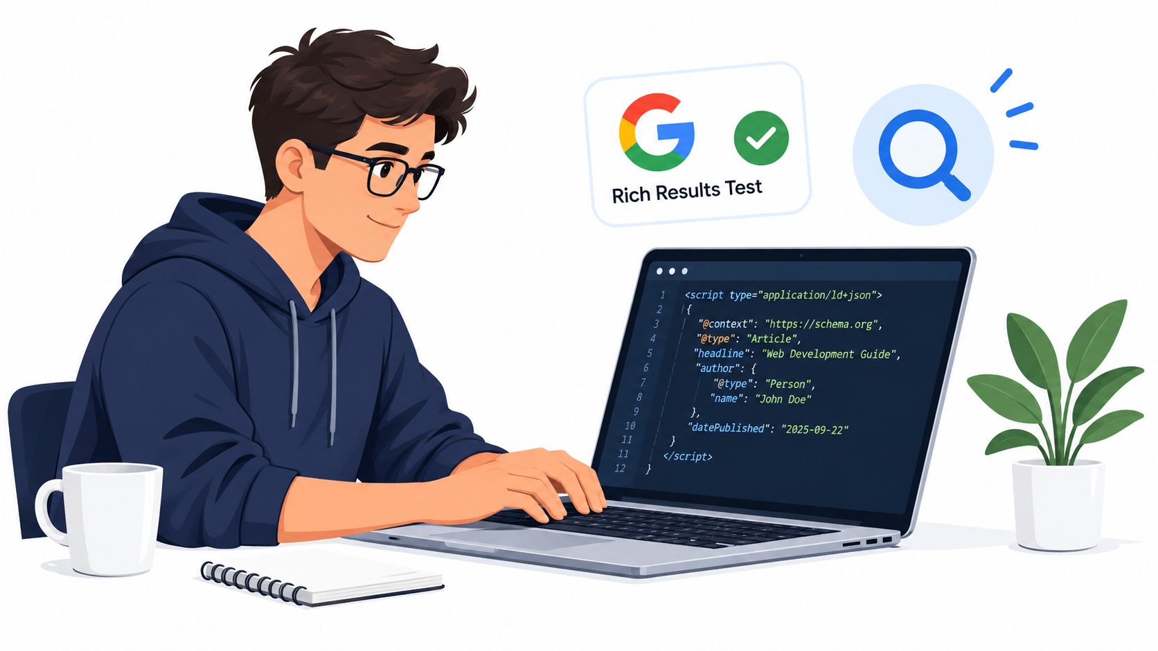 A developer using a laptop to create and test structured data for Google Rich Results search features.