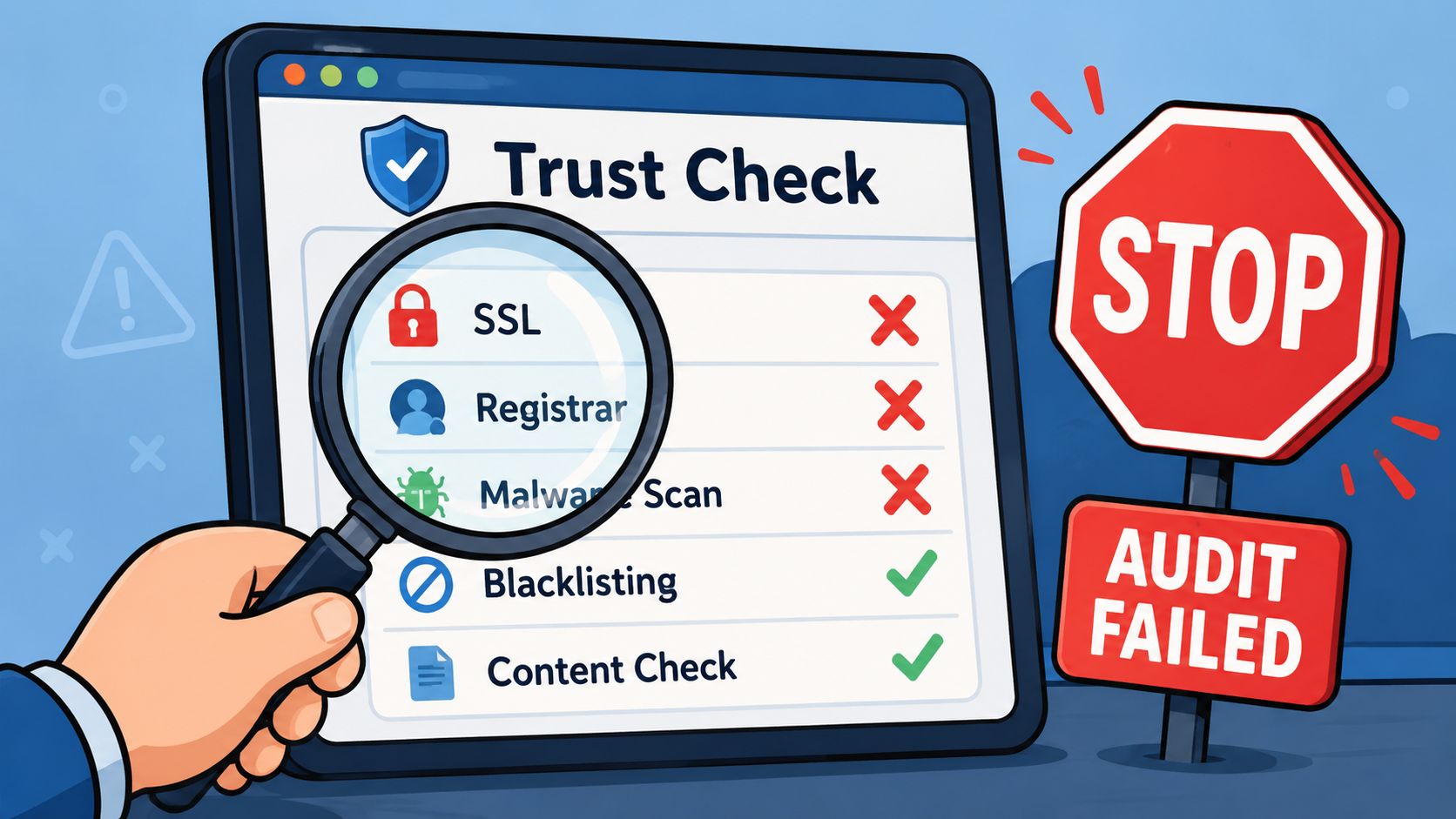 A digital screen showing a failed website trust audit with magnifying glass examining security and malware statuses.