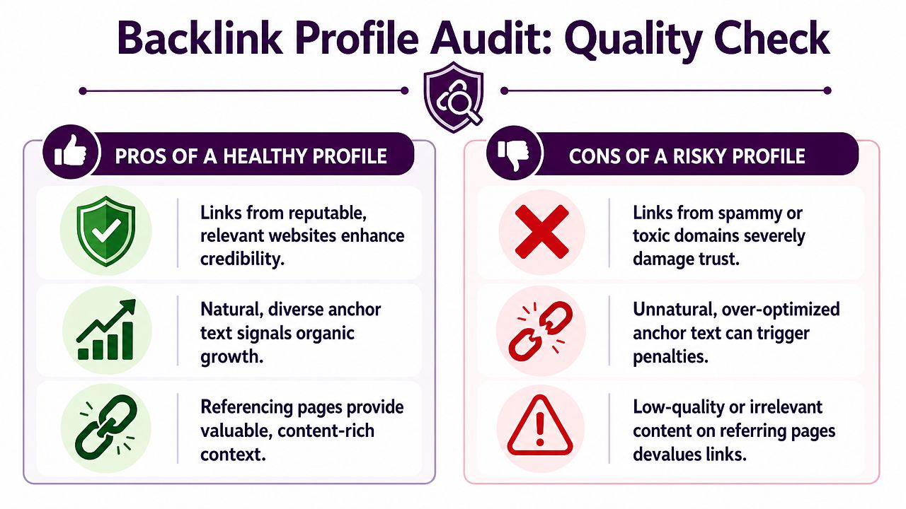 A comparison chart showing the characteristics of healthy versus risky backlink profiles for SEO auditing.