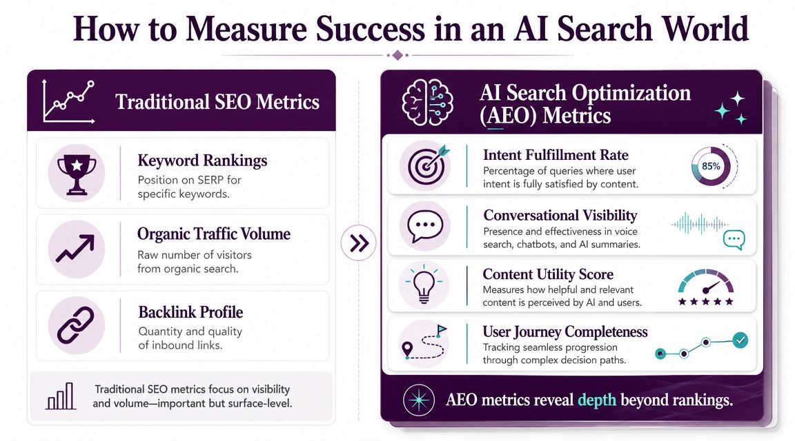 A chart comparing traditional SEO metrics with AI search optimization metrics for better performance measurement.