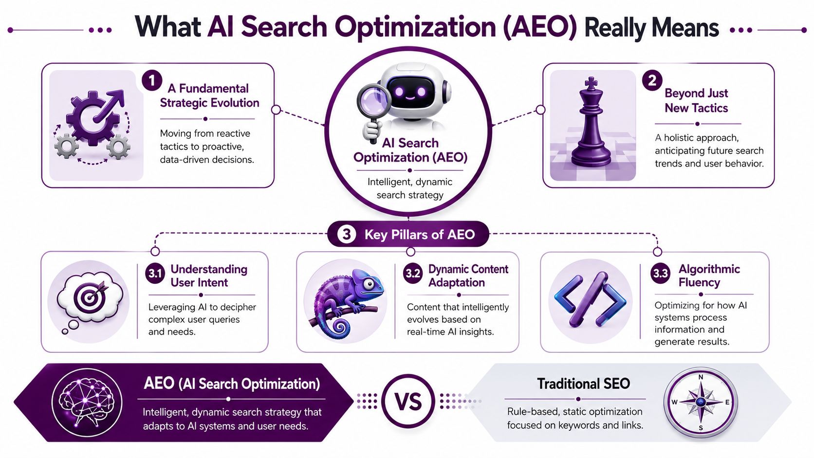 An infographic titled What AI Search Optimization Really Means, outlining key strategic pillars and comparing AEO to traditional SEO.