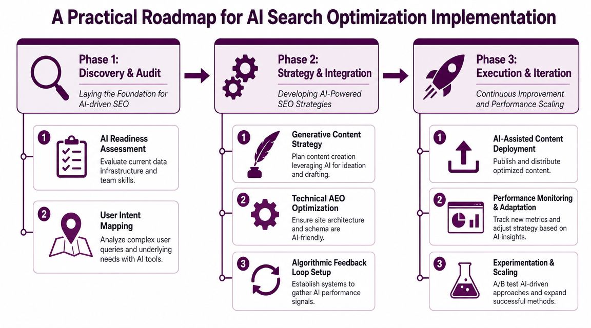A three-phase roadmap diagram for implementing AI search optimization strategies, covering discovery, integration, and continuous execution.