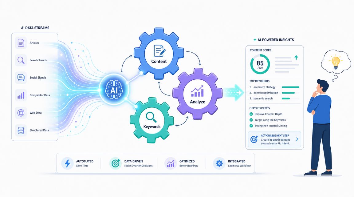 A diagram illustrating an AI-powered SEO workflow featuring data streams, content, keyword analysis, and actionable content optimization strategies.