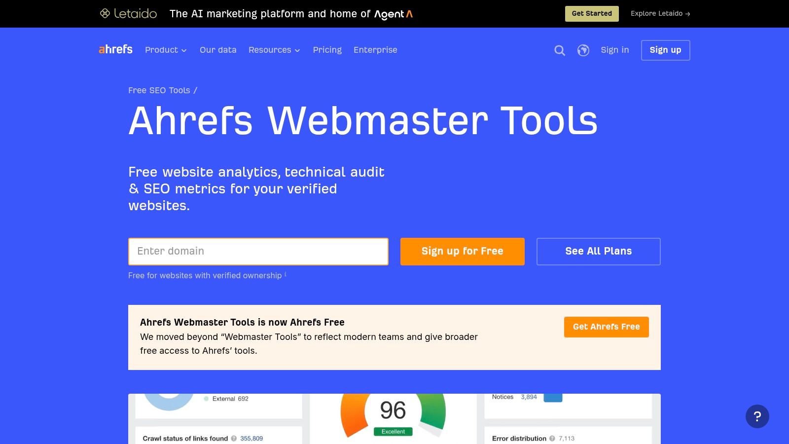 Ahrefs Webmaster Tools (Ahrefs Free)