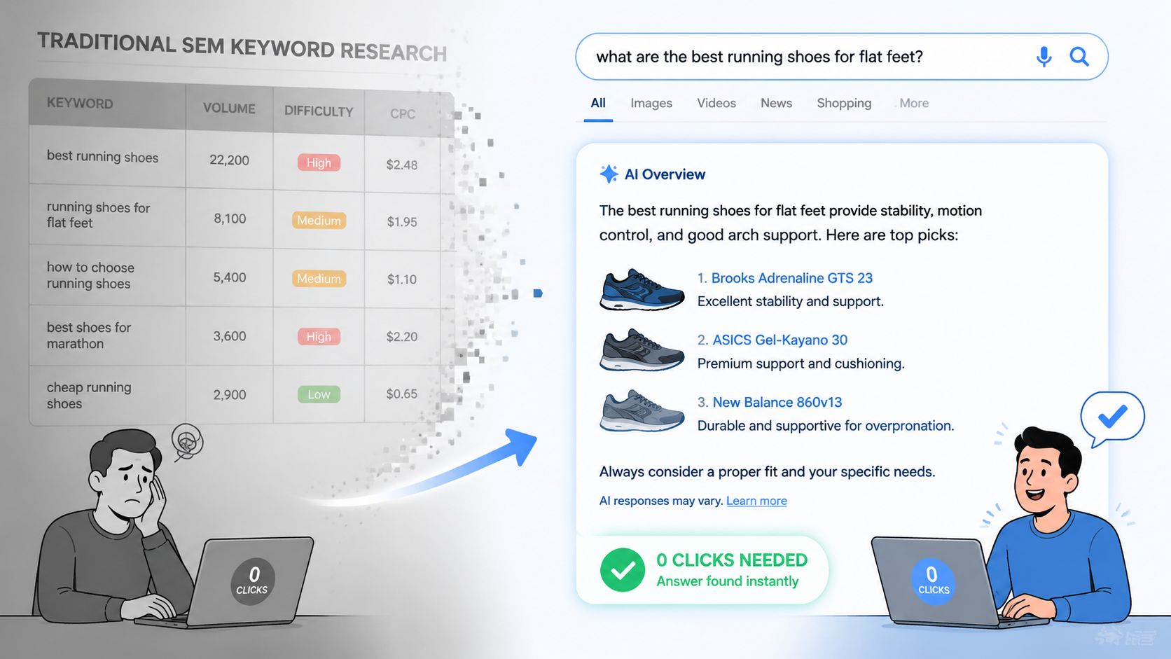 A comparison showing traditional SEO keyword research versus the instant AI-generated answers in modern search engines.