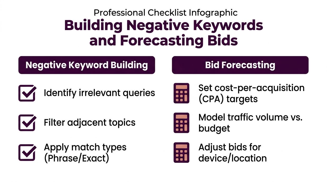 A professional infographic checklist for building negative keywords and forecasting PPC advertising campaign bids.