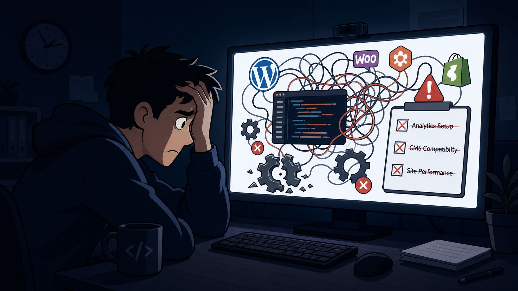 A stressed developer looking at a computer screen displaying complex code, broken gear icons, and failed checklist items.