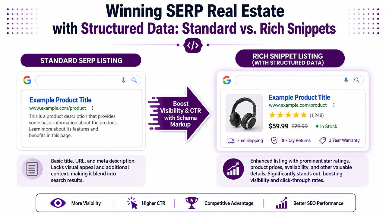 A comparison infographic showing how structured data improves a standard search result into an enhanced rich snippet.