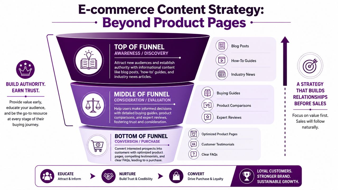 A funnel diagram explaining e-commerce content strategy from awareness to conversion through different content types.
