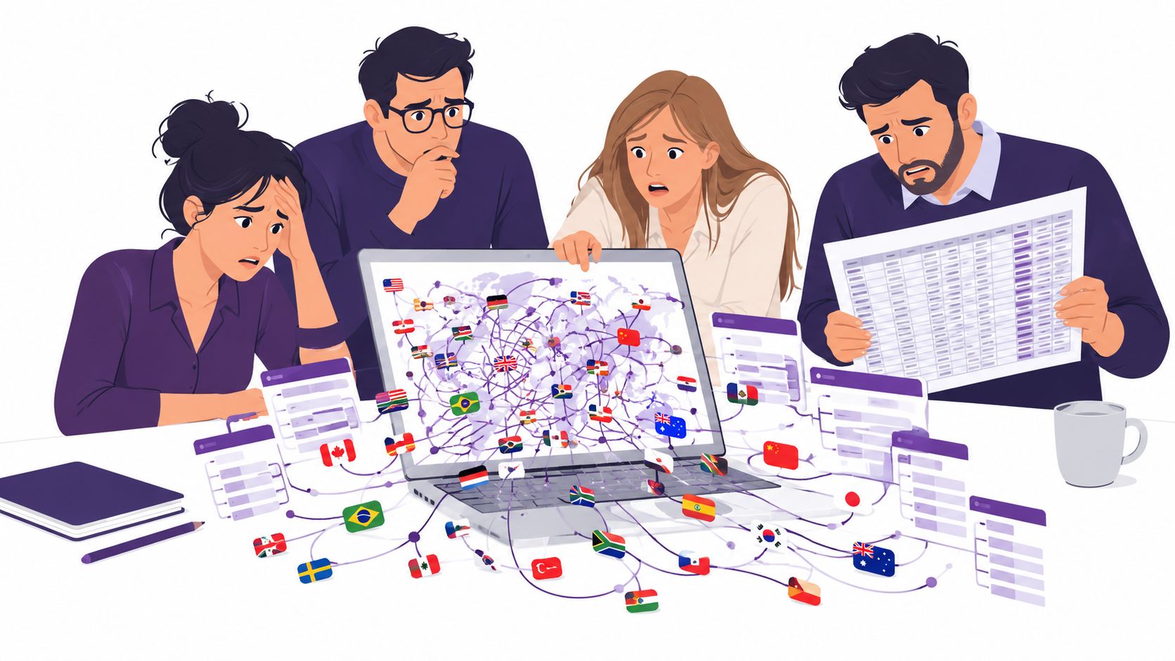A team of stressed professionals analyzing complex global data connections on a laptop screen and spreadsheet.