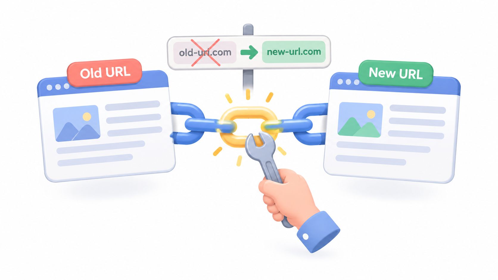 A 3D illustration showing a hand using a wrench to fix a broken chain between two web pages.