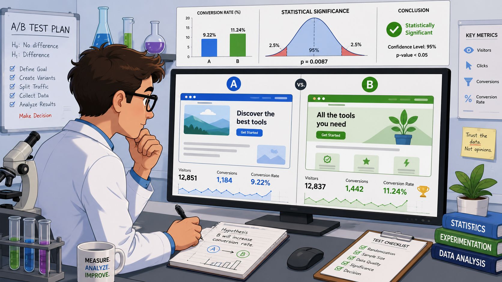 A digital illustration of a researcher analyzing A/B testing data on a computer screen for conversion optimization.