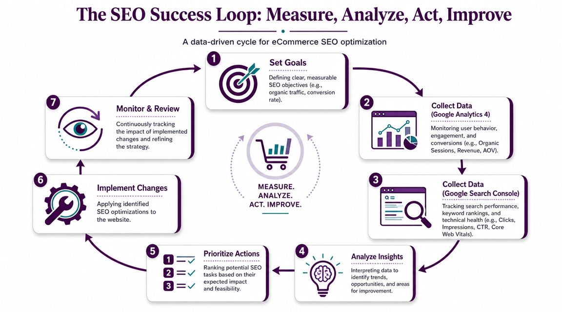 A circular infographic detailing the seven-step SEO success loop for effective eCommerce optimization, measurement, and website improvement.