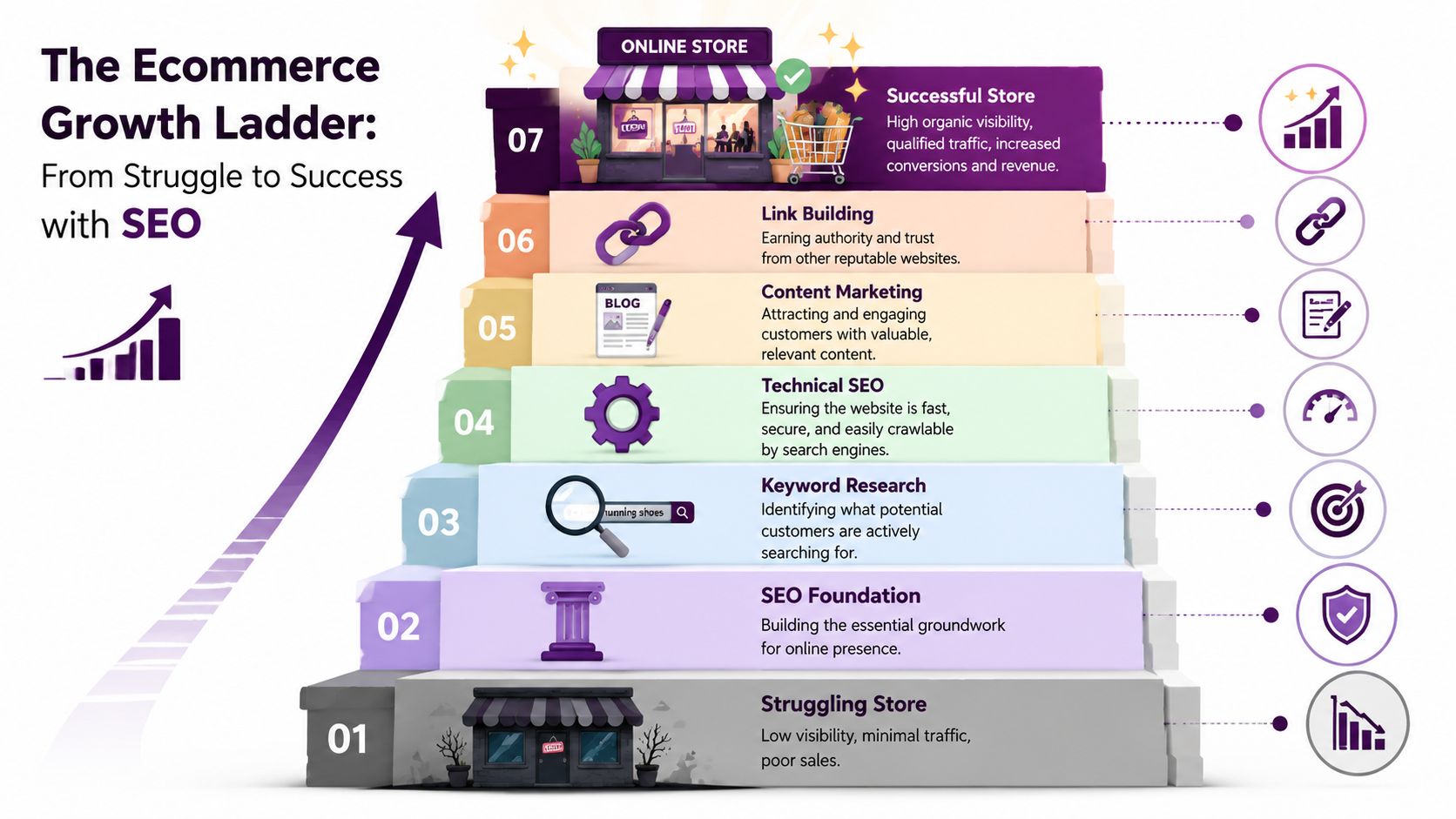 A seven-step growth ladder infographic showing the progression of an ecommerce business from struggle to SEO success.