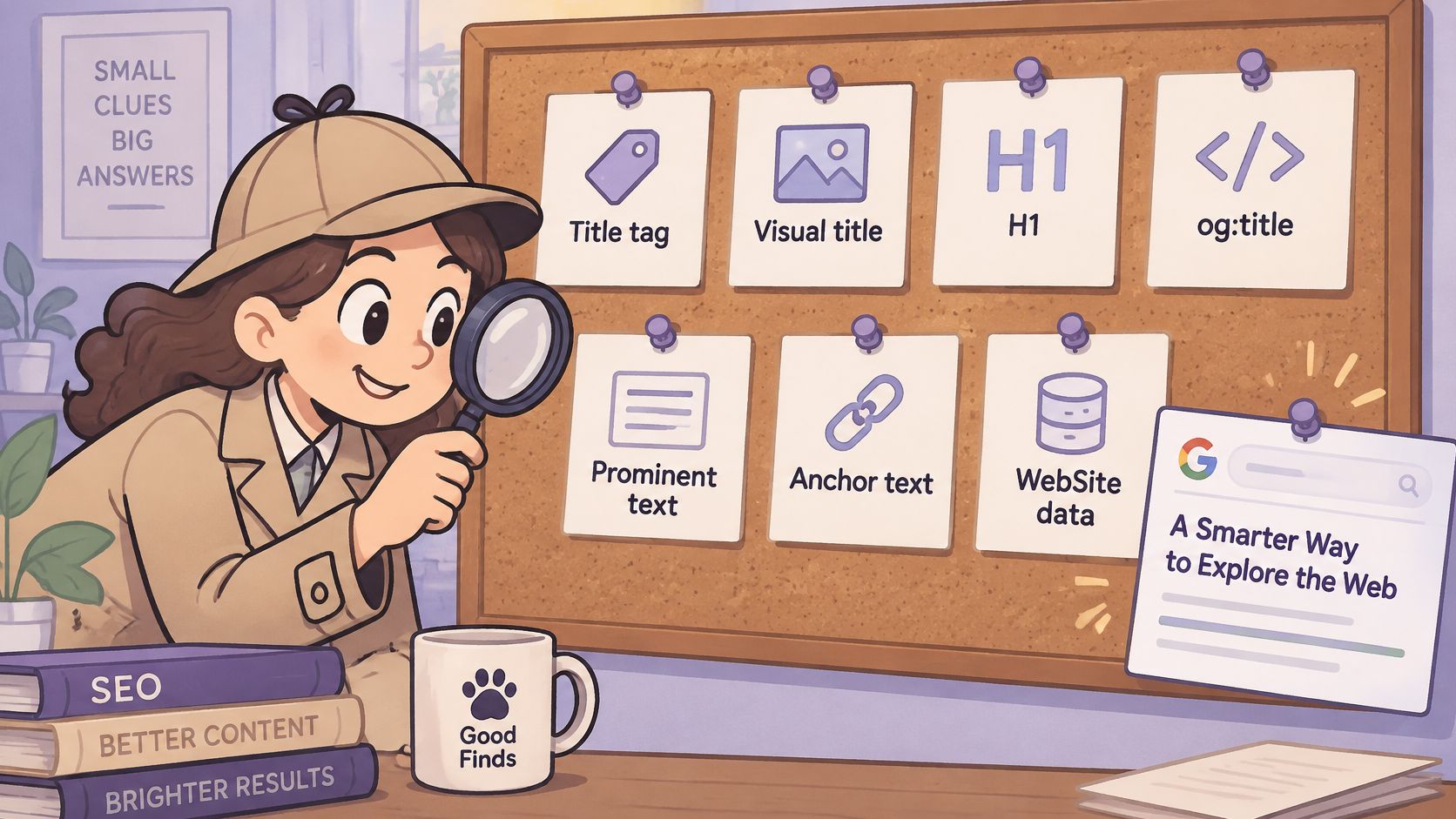 A cartoon detective inspecting a corkboard filled with SEO elements like page titles and web metadata.