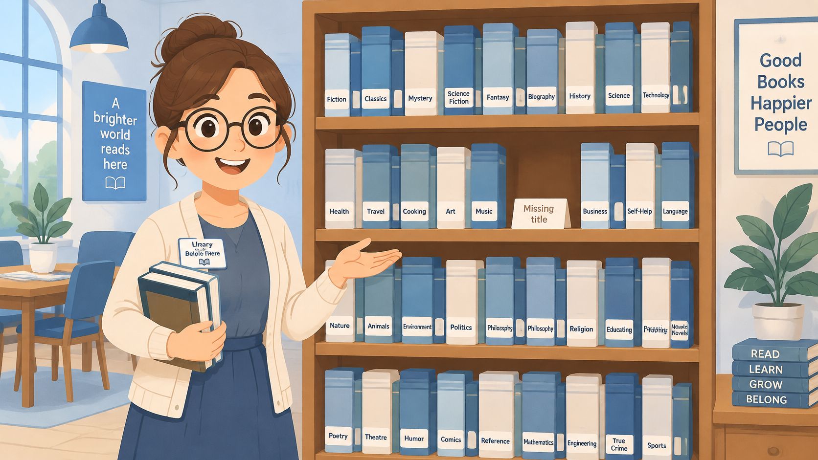 A friendly librarian standing next to a bookshelf filled with books organized by various academic topics.