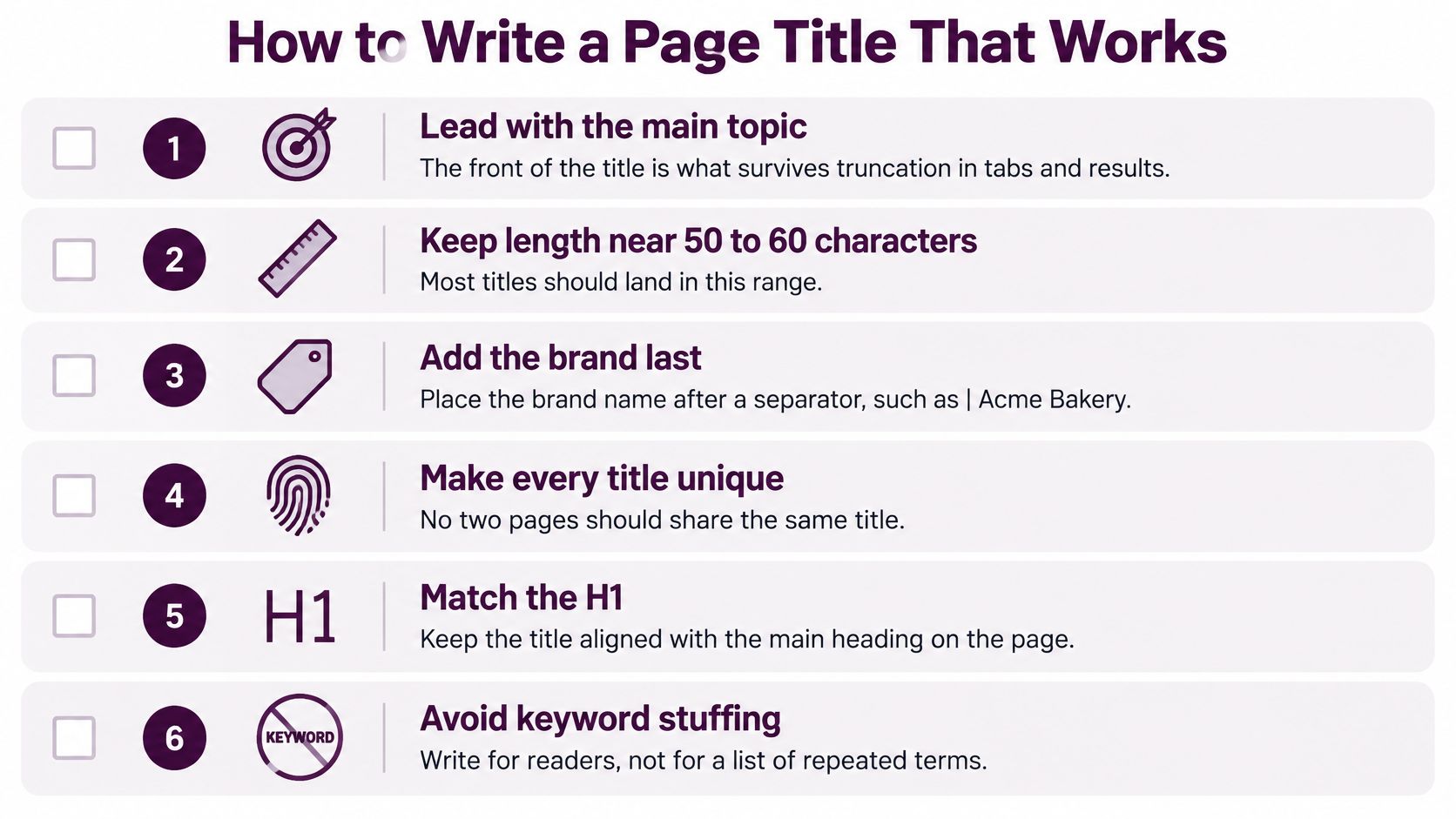 A checklist infographic titled How to Write a Page Title That Works with six SEO tips.