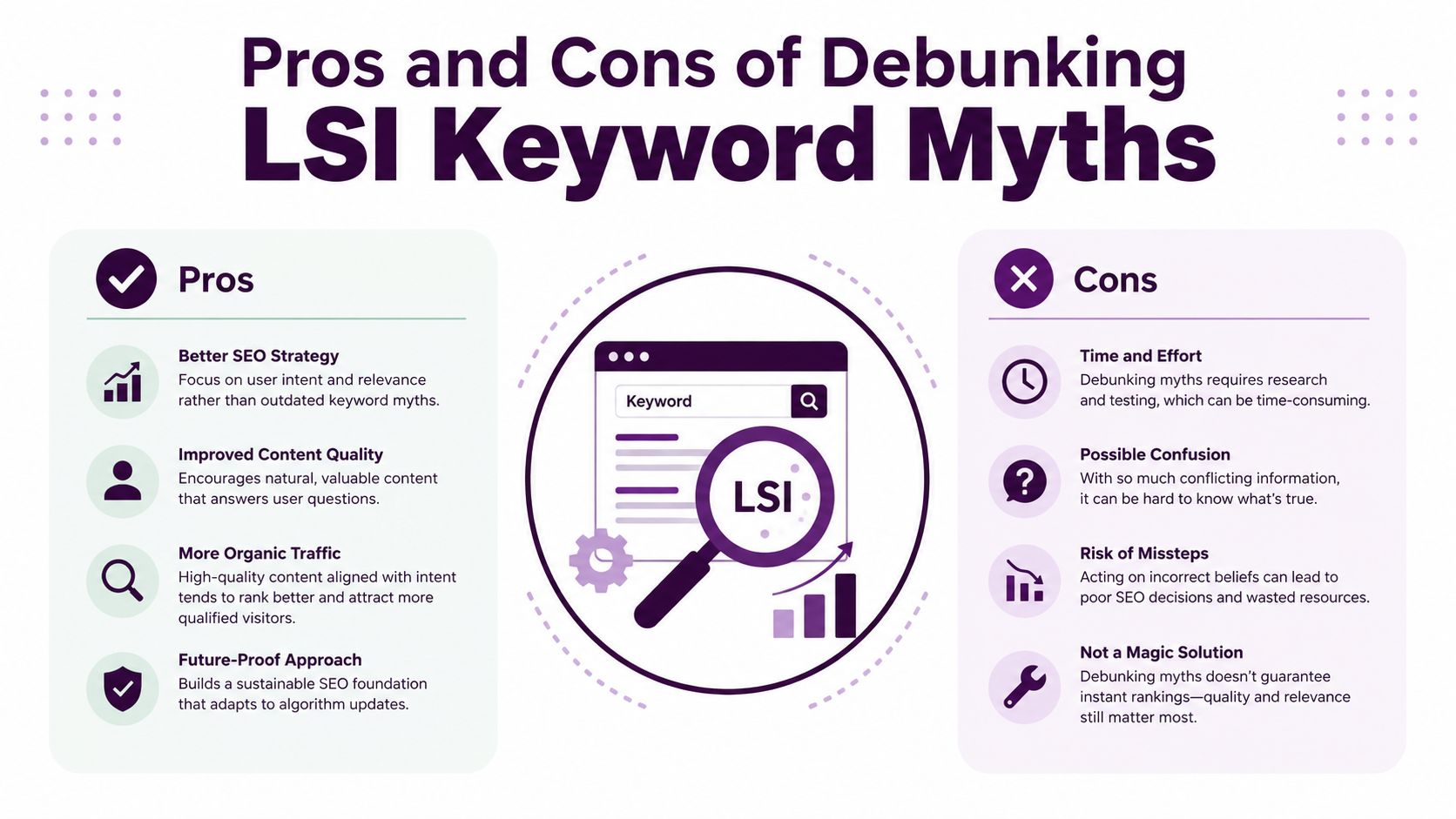 An infographic titled Pros and Cons of Debunking LSI Keyword Myths displayed with icons and text.
