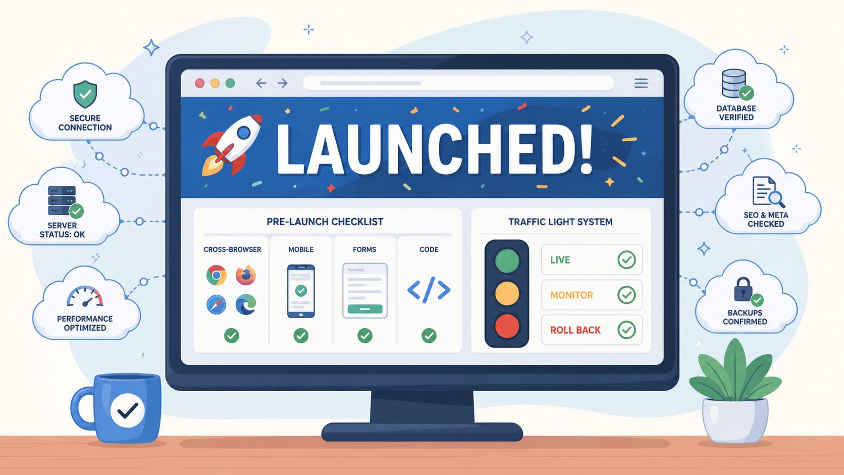 A computer monitor displaying a website launch checklist with various performance and technical optimization icons around it.