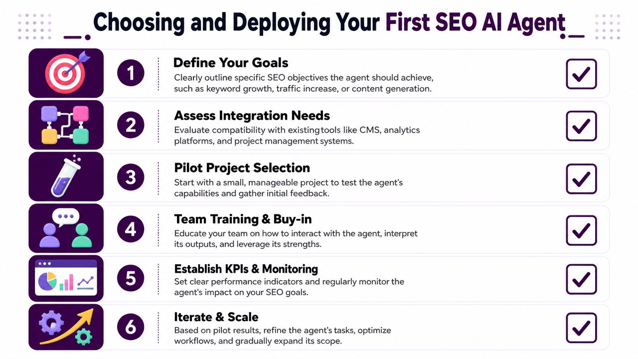 A six-step infographic guide on how to choose and deploy an SEO AI agent for business.