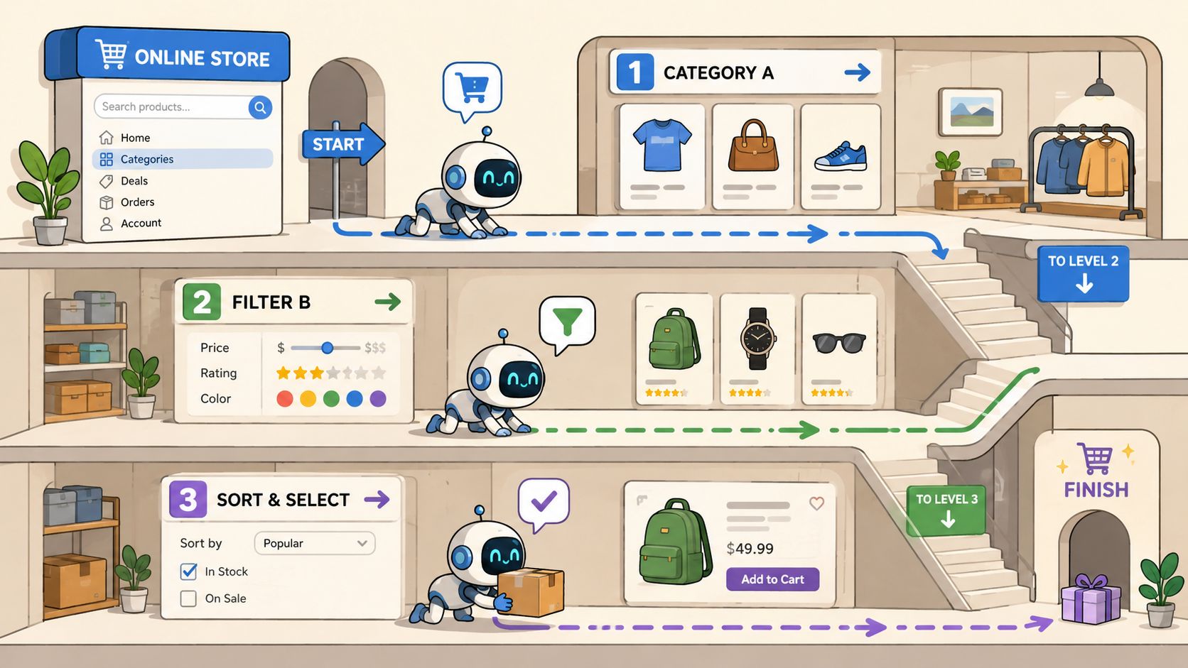 A cute robot navigating steps of an online shopping journey from category selection to final checkout.