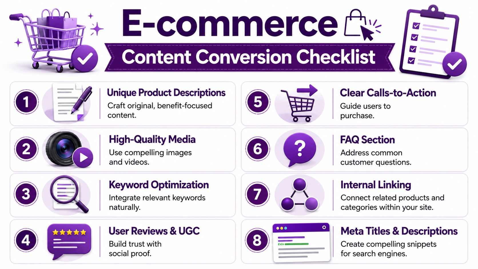 An infographic titled E-commerce Content Conversion Checklist featuring eight numbered points for optimizing online store product content.