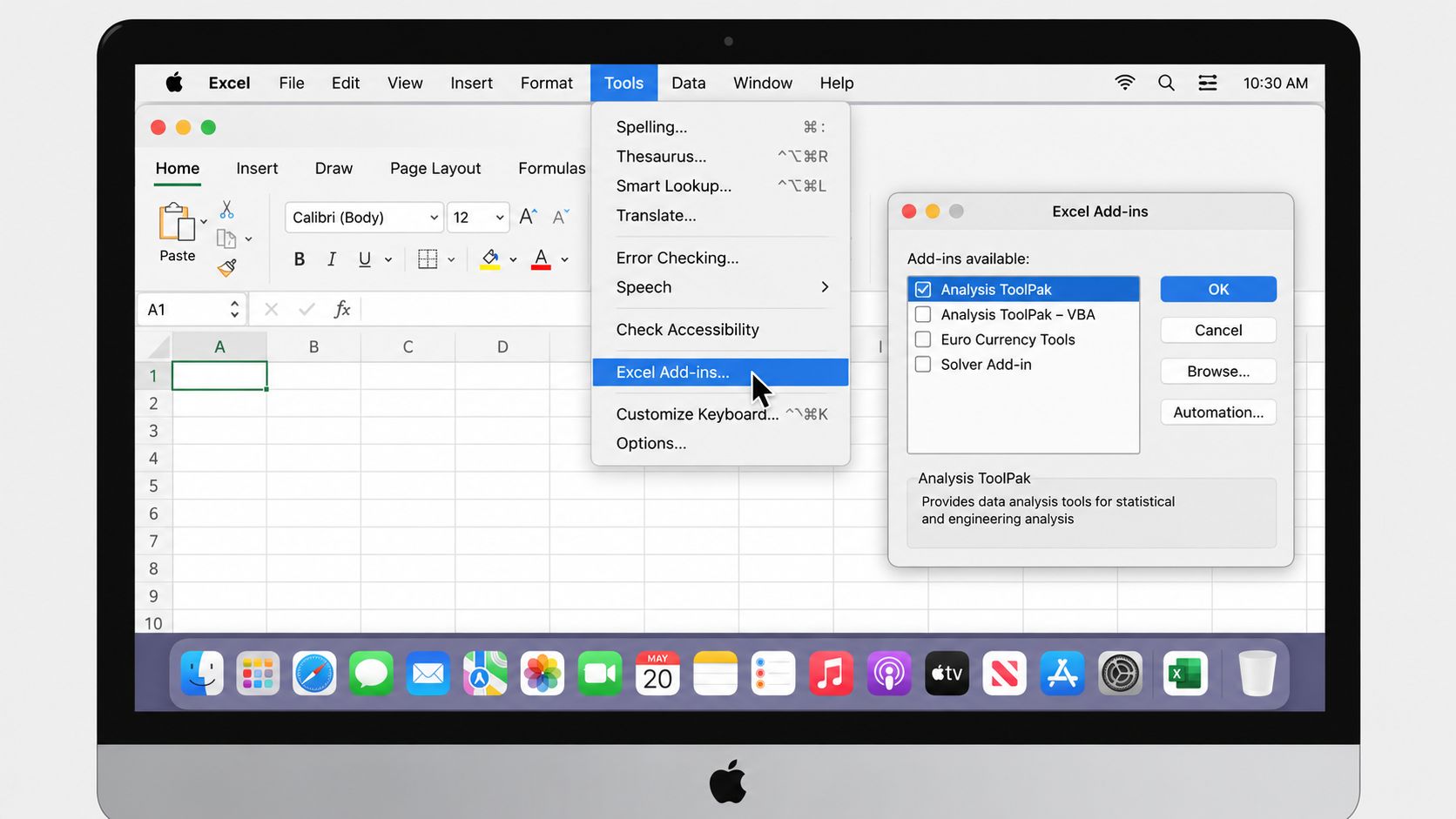 A computer screen showing the Microsoft Excel application on macOS with the Add-ins menu open for selection.