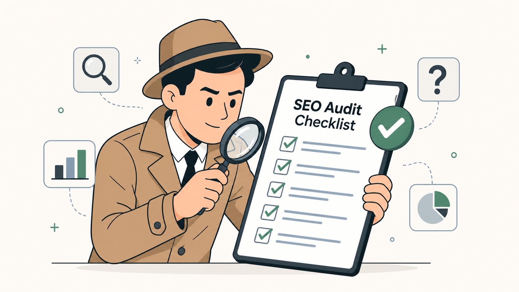 A detective looking through a magnifying glass at an SEO audit checklist on a clipboard with icons.