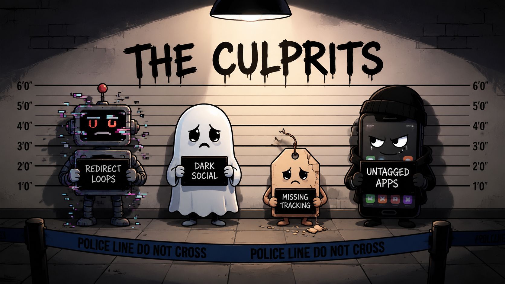 Four cartoon characters standing in a police lineup representing technical causes of direct traffic in analytics.