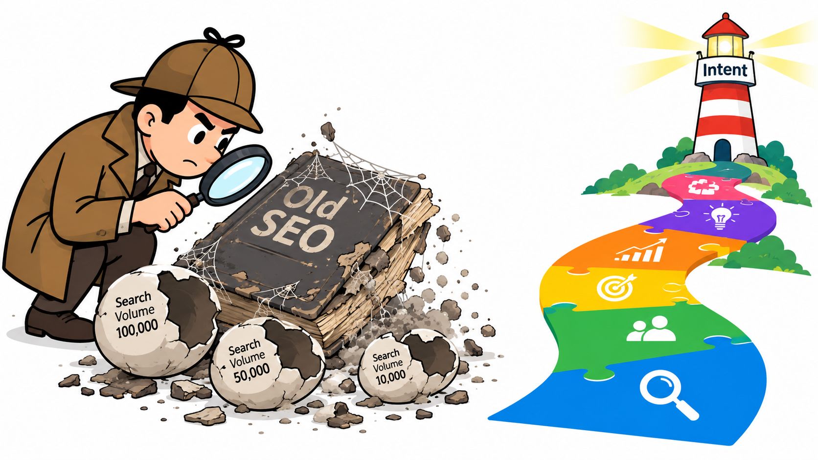 A detective looking at an old SEO book with a lighthouse representing search intent in the background.