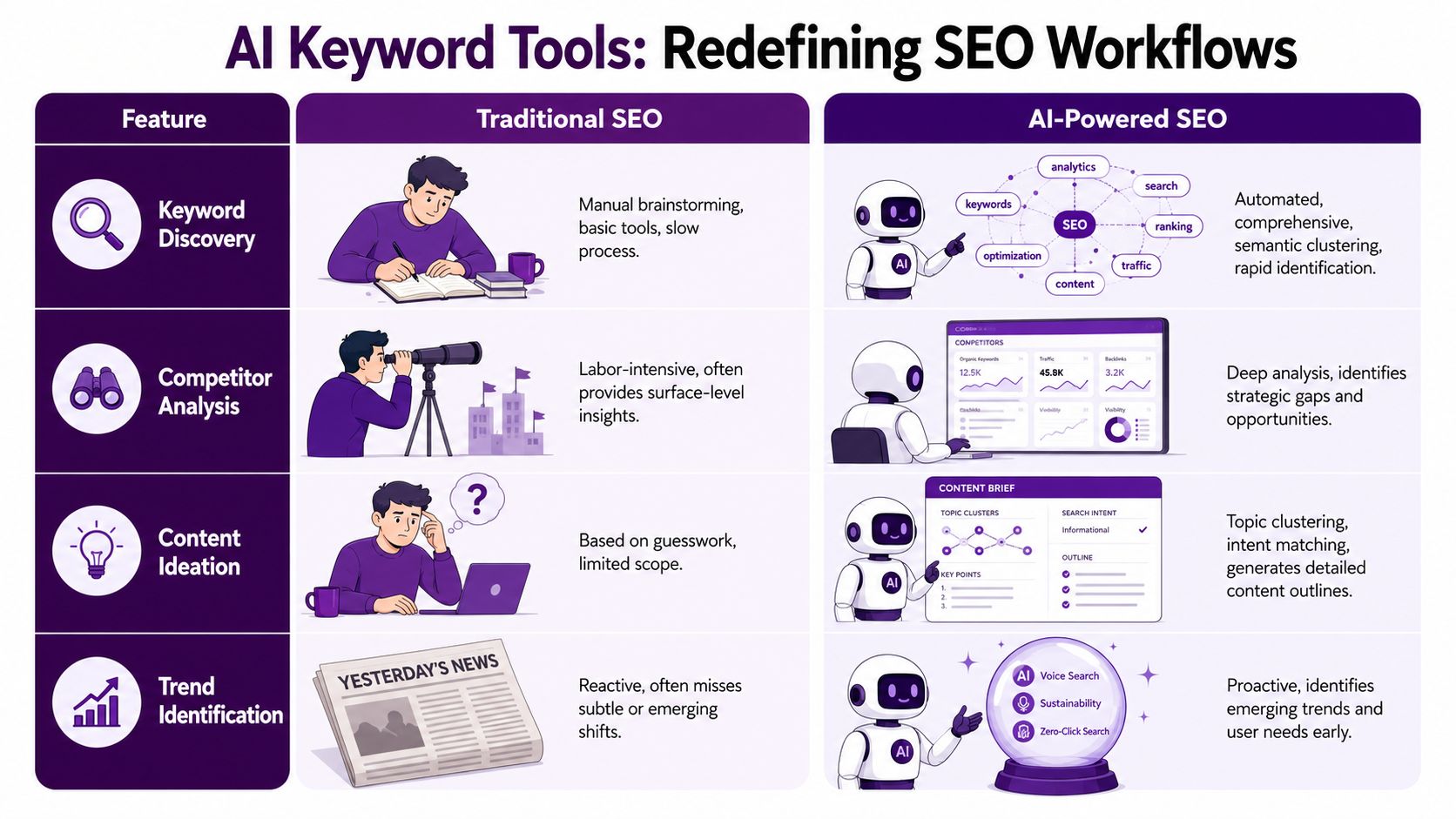 A comparison chart showing how AI-powered tools improve SEO workflows compared to traditional manual methods.