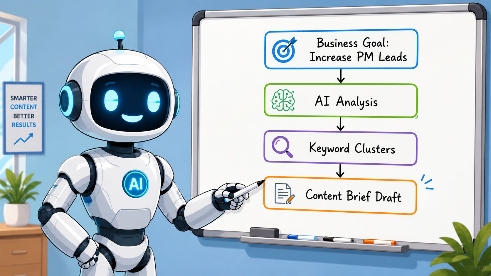 A friendly AI robot pointing to a whiteboard outlining a four-step content marketing strategy workflow.