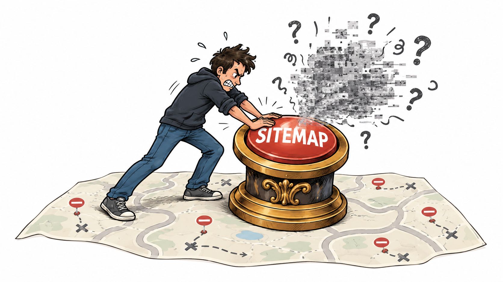 A frustrated person pushing a large red button labeled Sitemap while standing on a complex map.