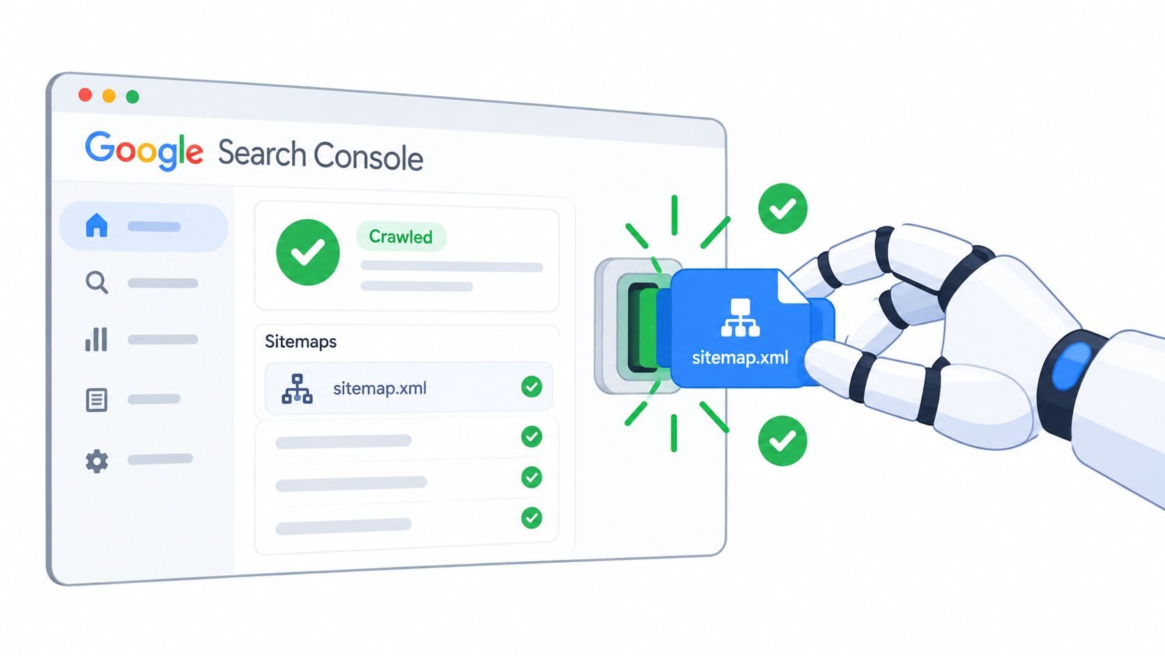 A robotic hand submitting a sitemap.xml file into the Google Search Console interface for indexing and crawling.