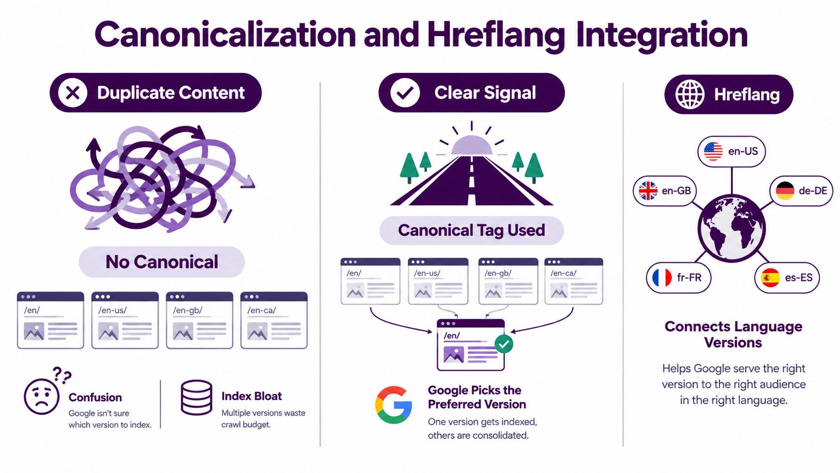 An infographic showing how to use canonical tags and hreflang to fix duplicate content issues for SEO.