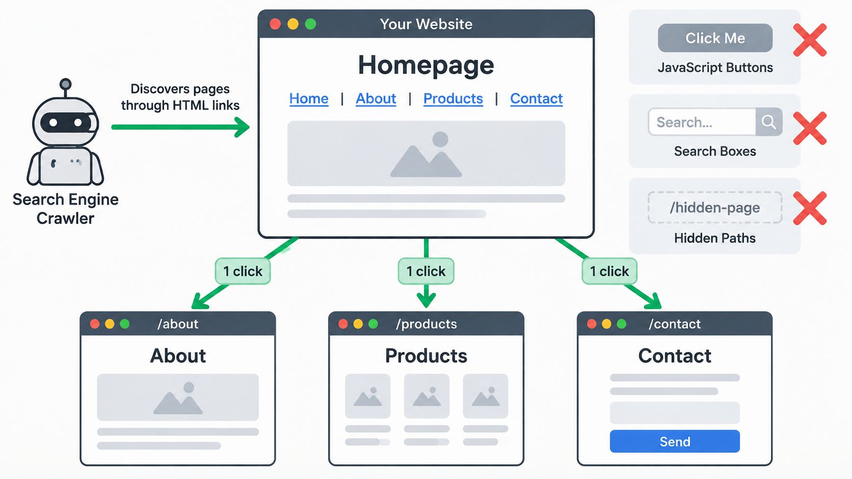 A diagram illustrating how search engine crawlers discover website pages through direct HTML links from a homepage.