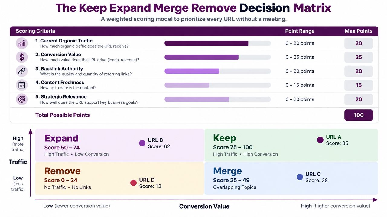 A decision matrix chart showing how to prioritize website URLs based on traffic, conversion, and audit criteria.