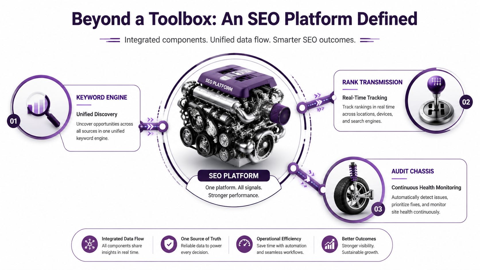 SEO platformunu bir araba motoruyla karşılaştıran, anahtar kelime, sıralama ve denetim bileşenlerini vurgulayan bir diyagram.