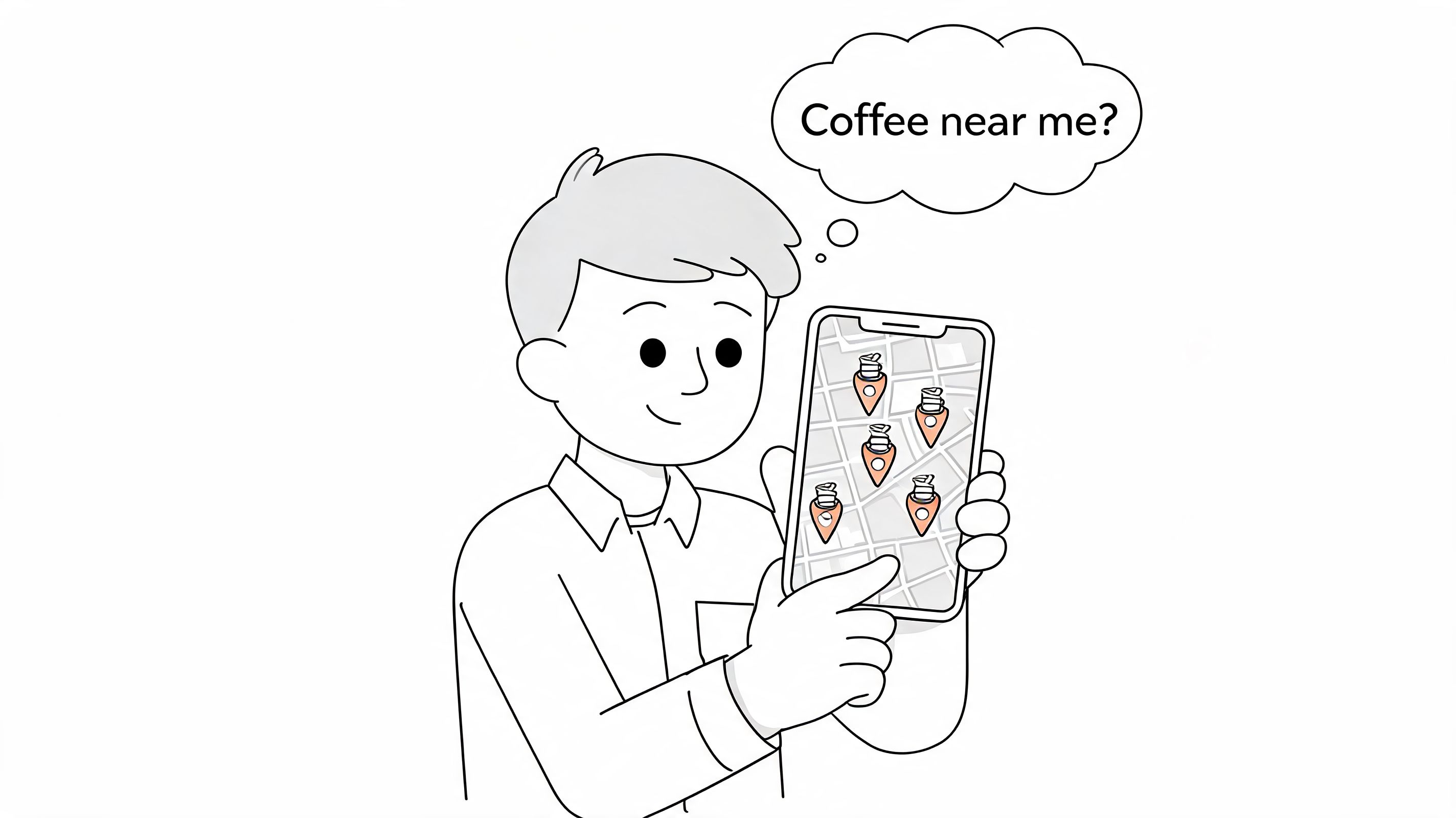 Eine Strichzeichnung einer Person, die ein Smartphone hält, auf dem eine Karte mit mehreren Standorten von Cafés zu sehen ist.