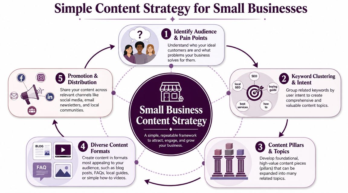 A cyclical flowchart diagram illustrating a five-step content marketing strategy tailored for small business growth.