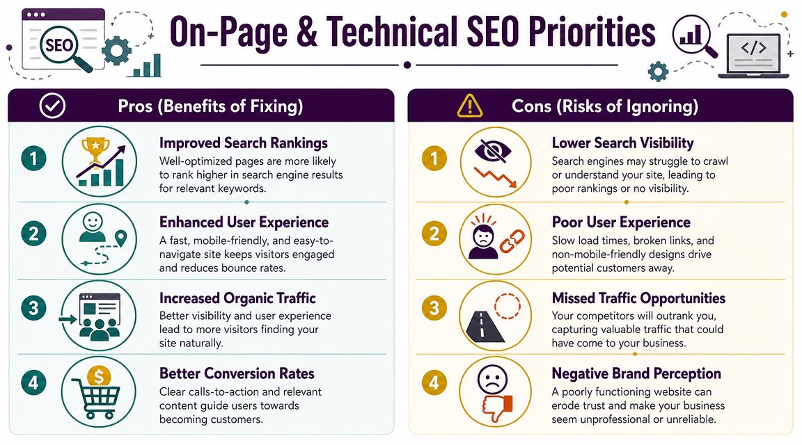 An infographic comparing the pros of fixing SEO and the cons of ignoring on-page and technical SEO priorities.