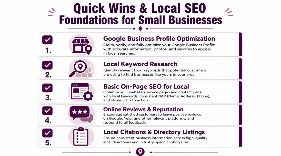 A checklist showing five essential local SEO strategies for small businesses to improve their online search visibility.
