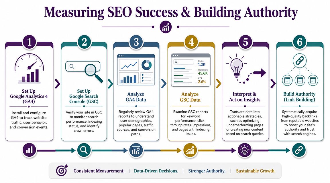 An infographic showing six steps for measuring SEO success and building authority through data-driven decisions and growth.