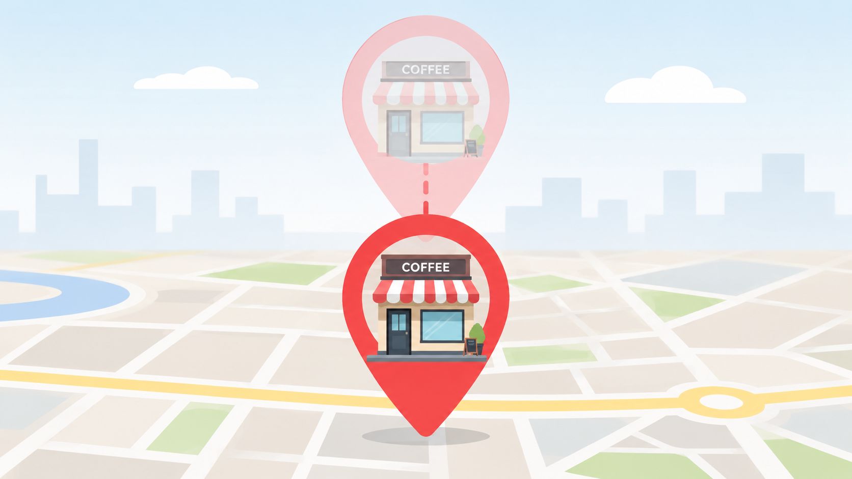 A red location pin marker with a coffee shop icon overlaid on a digital city street map.
