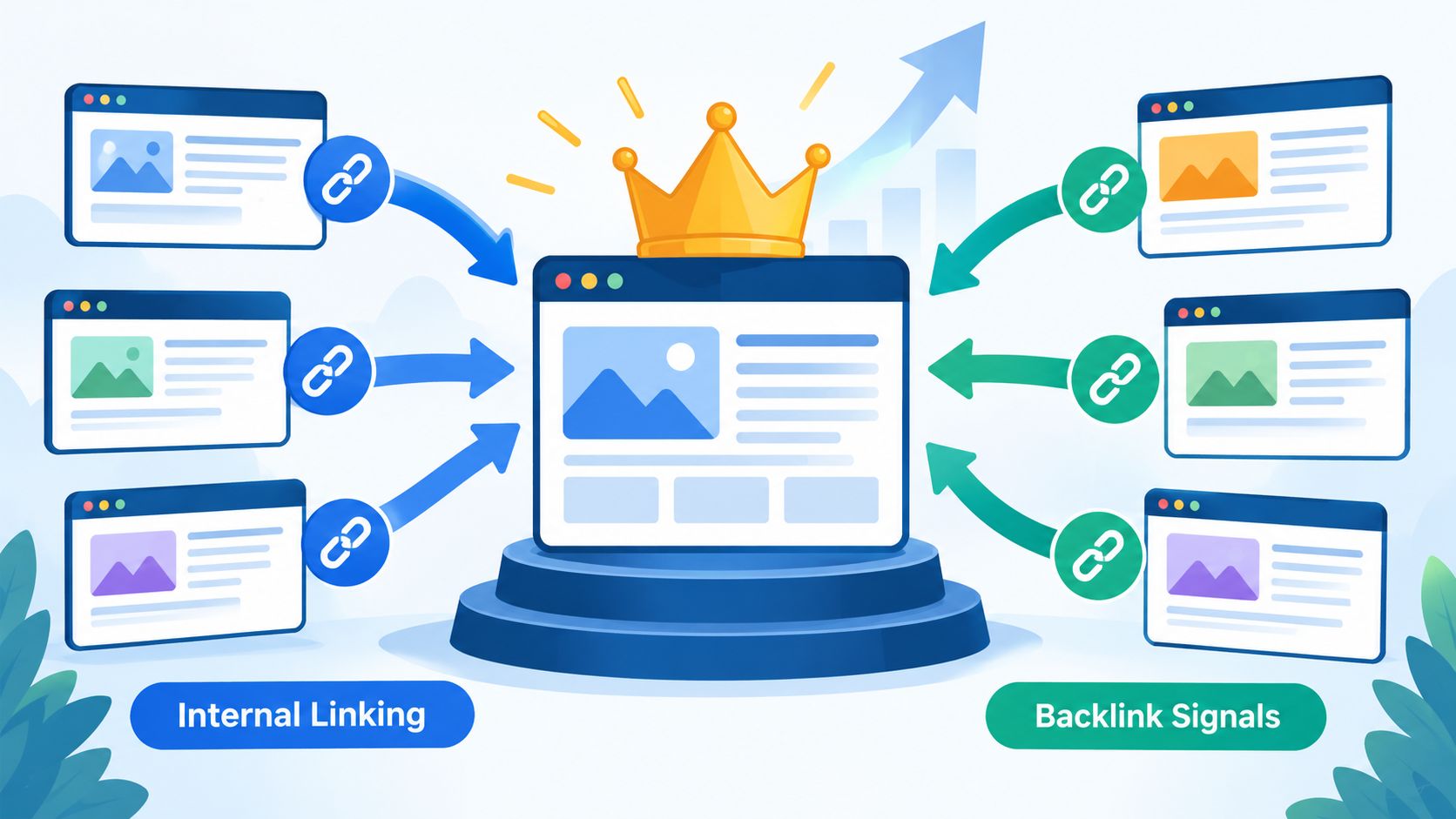 A digital illustration showing a central web page with a golden crown, receiving links from internal and external sources.