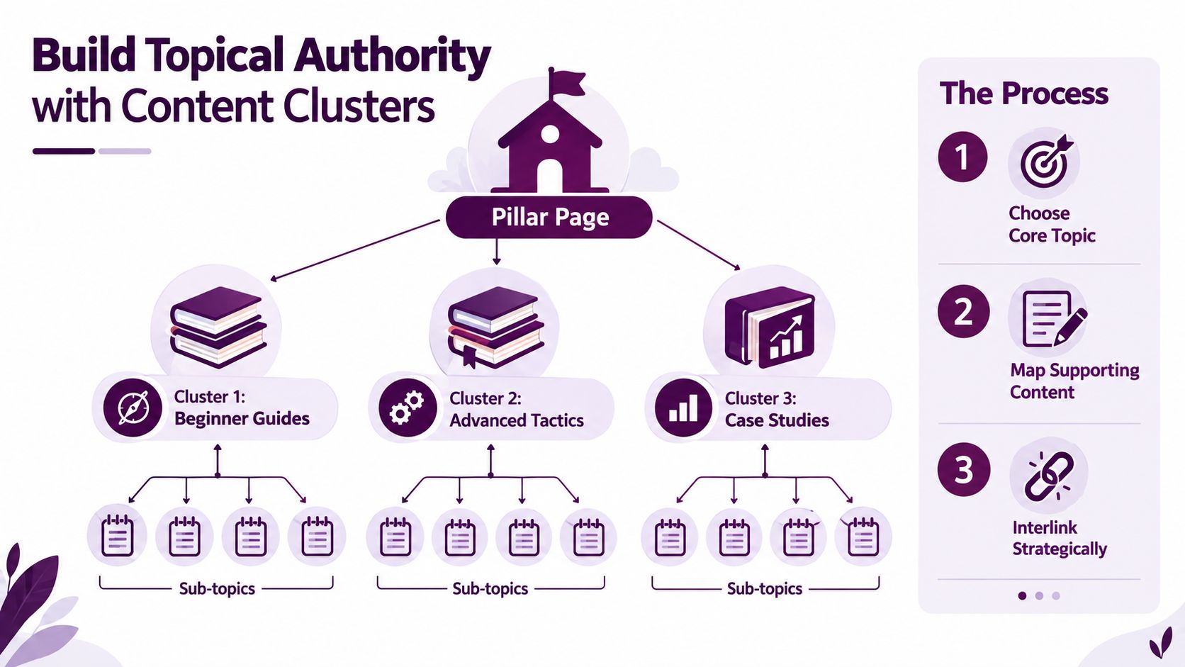 A diagram illustrating how to build topical authority through a structured content cluster strategy for SEO.