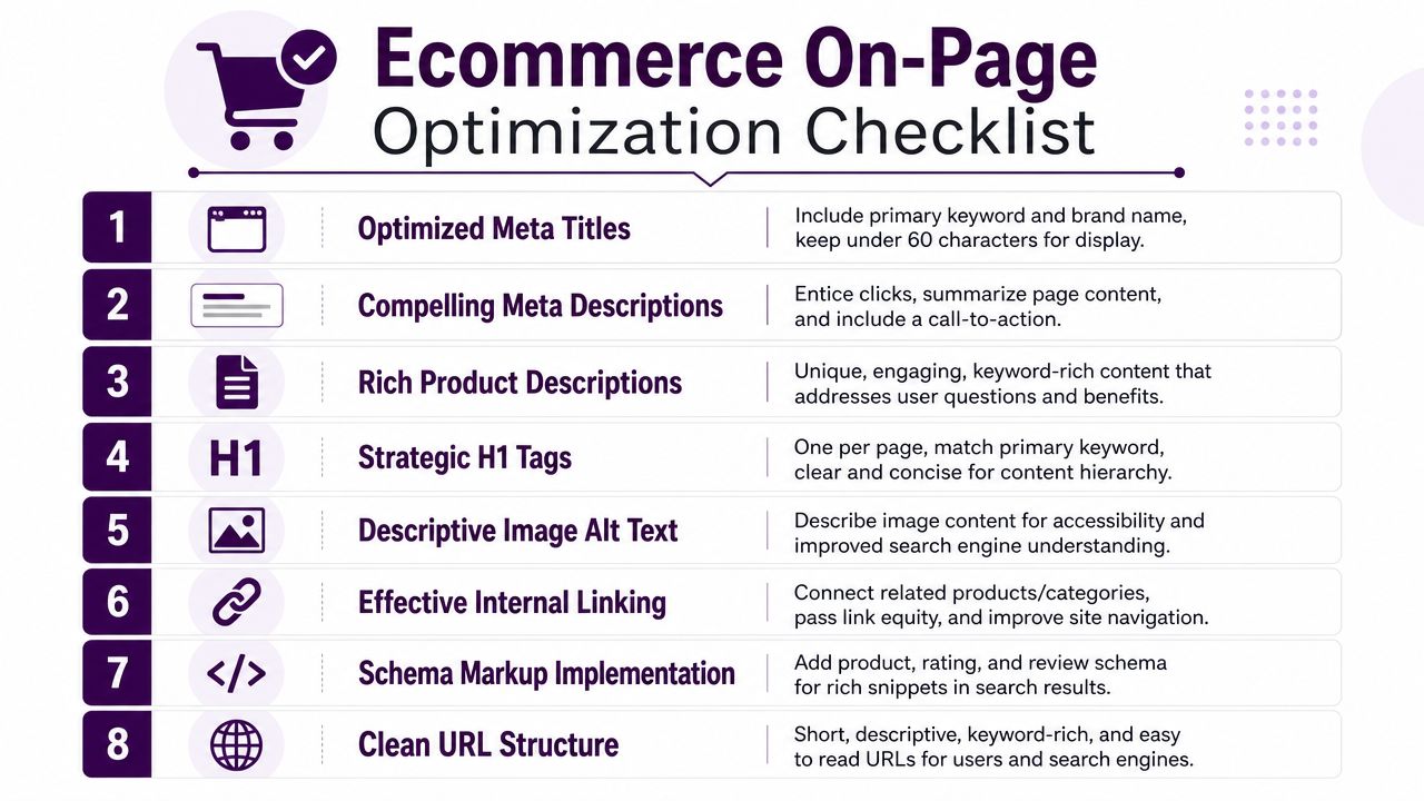 An infographic checklist outlining eight essential steps for optimizing an ecommerce website for search engines.