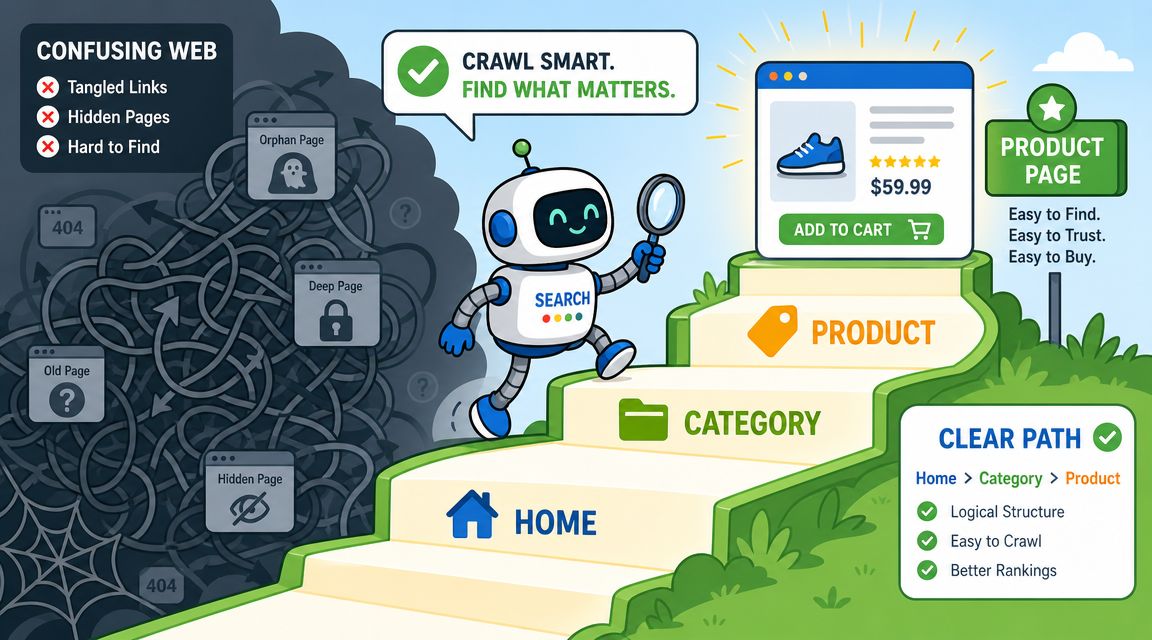 An SEO robot finding a clear path to an e-commerce product page compared to a confusing web.